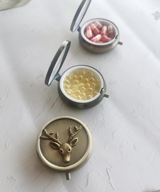 Antique Pill Box Travel Pill Case - Cute Daily Pill Organizer Small Pill Box for Purse, Mini Pocket Pill Case, Round Metal Pill Organizer (Deer)