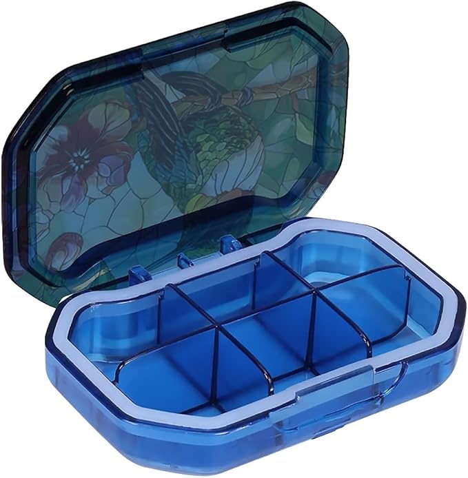This Portable Vintage Stained Glass Hummingbird Pattern 6-Compartment Pillbox Can Be Placed in A Pocket Or Wallet to Store Vitamins, Medicines Fish Oil Health Supplements Other Medications.