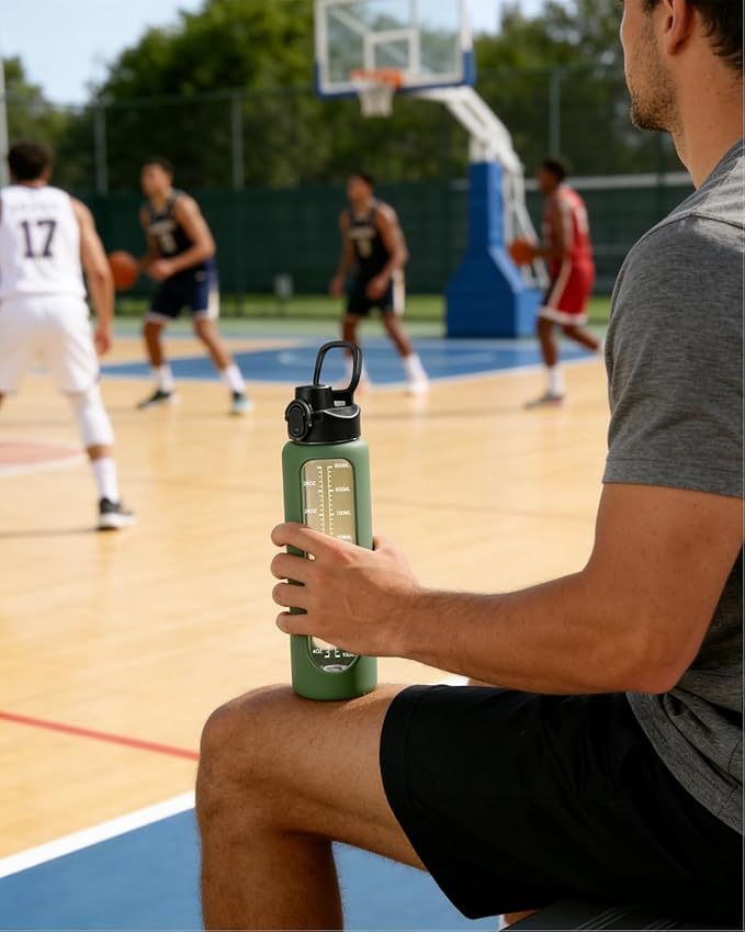 Nefeeko 32 oz Glass Water Bottles with Straw, Time Marker, Motivational 1 Liter BPA FREE Leakproof Reusable Glass Water Bottle with Silicone Sleeve, Bamboo, Spout Lid
