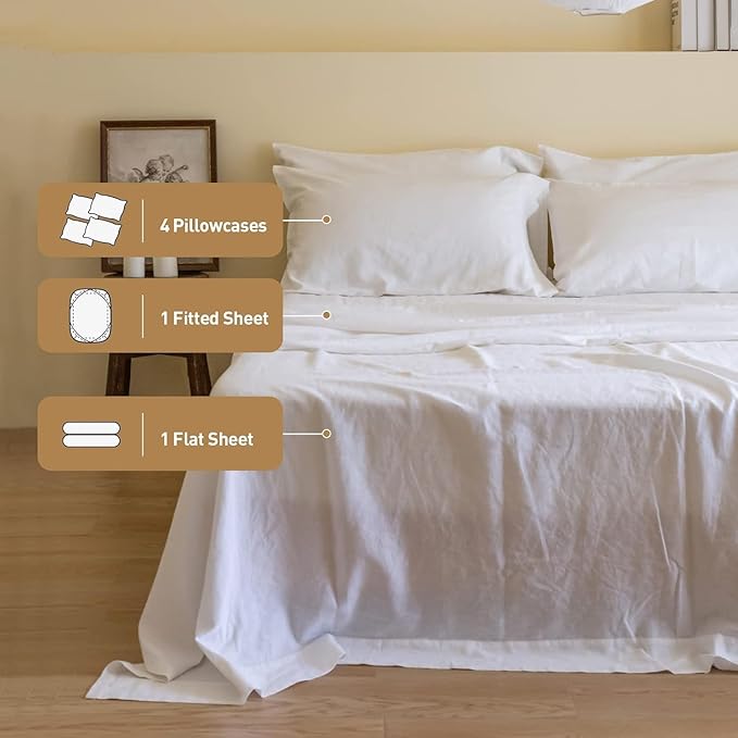 Simple&Opulence Belgian Linen Sheet Set Solid Color - 6 Pieces (1 Flat Sheet & 1 Fitted Sheet & 4 Pillowcases) 16" Deep Pocket Natural Flax Cotton Blended Soft Bedding - White, California King