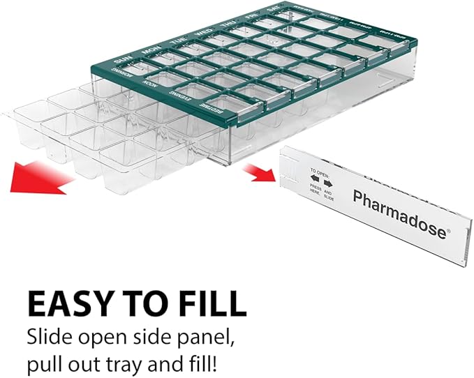 EZY DOSE Weekly AM/PM (7-Day) Daily Pharmadose Pill Planner, Medicine Case, Vitamin and Supplement Organizer, Medium Easy Fill Compartments, 4 Times a Day, 28 Compartments, Green, BPA Free