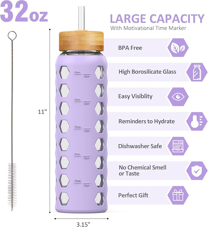 MUKOKO 32oz Glass Water Bottles with 2 Lids-Handle Spout Lid&Bamboo Straw Lid, Motivational Water Tumbler with Time Marker Reminder and Silicone Sleeve, Leakproof-Purple-1 Pack
