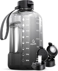 AQUAFIT 64 oz Water Bottle with Time Marker - Straw & Chug Lid - BPA Free Half Gallon Gym Water Bottle with Handle - Big Gallon Jug (Gun Gray, 64 Ounces)