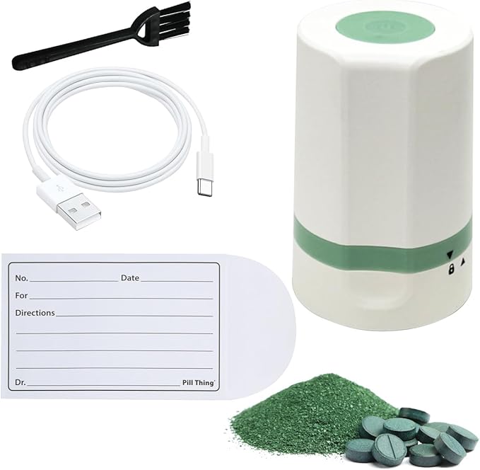 EZ Grind Electric Pill Crusher – Automatic Medication Grinder for Tablets & Vitamins – Rechargeable, Easy to Use, Stainless Steel Blade, Safe & Consistent Results (Green with Pill Envelopes)