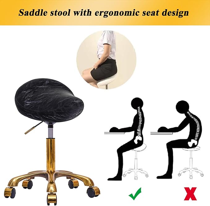 Saddle Stool Gold Rolling Stool with Wheels, PU Leather Roller Vanity Chair, Height Adjustable Swivel Saddle Chair for Pedicure, Tattoo, Massage, Salon, Spa (Black)