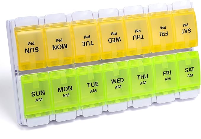 Sukuos AM PM Weekly Pill Organizer 7 Day, 2 Times A Day Medicine Pill Box with Easy Push Button, BPA Free Vitamin Cases for Fish Oil/Supplements, Easy to Clean (Yellow&Green)