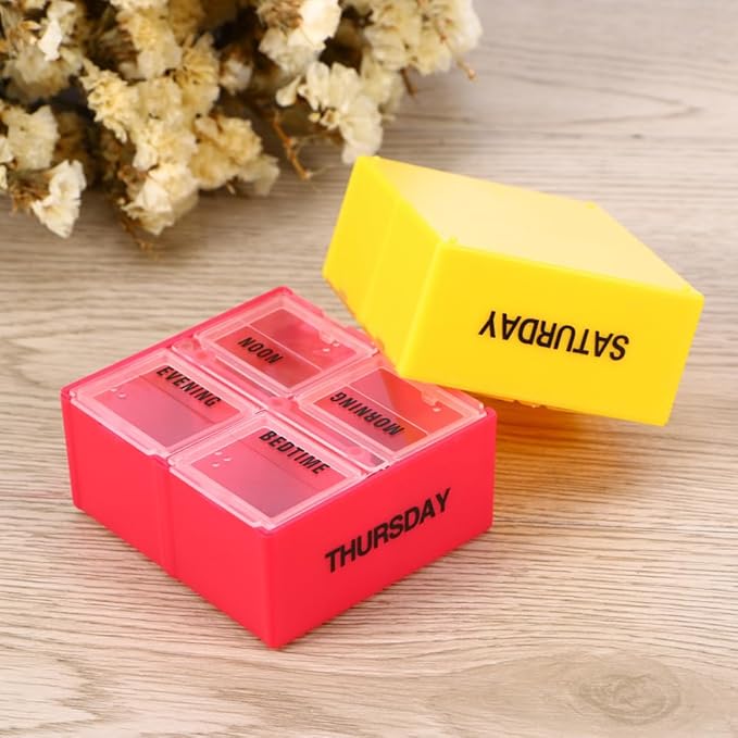 7-Day Weekly Pill Organizer with 28 Compartments 4 Daily Sections Colorful Medicine Box with Push Button Lids for Easy Medication Management at Home
