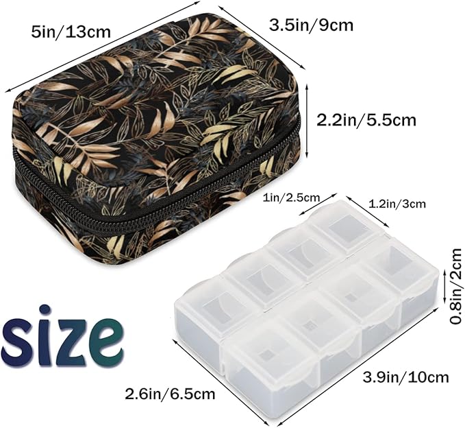 Pill Case Pill Travel Organizer 7 Day Weekly Medicine Pill Box Ethnic Leaves Small Cute Compact Size Vitamin Container Pill Bottle Portable Birth Control Pill Holder Bag with Zipper