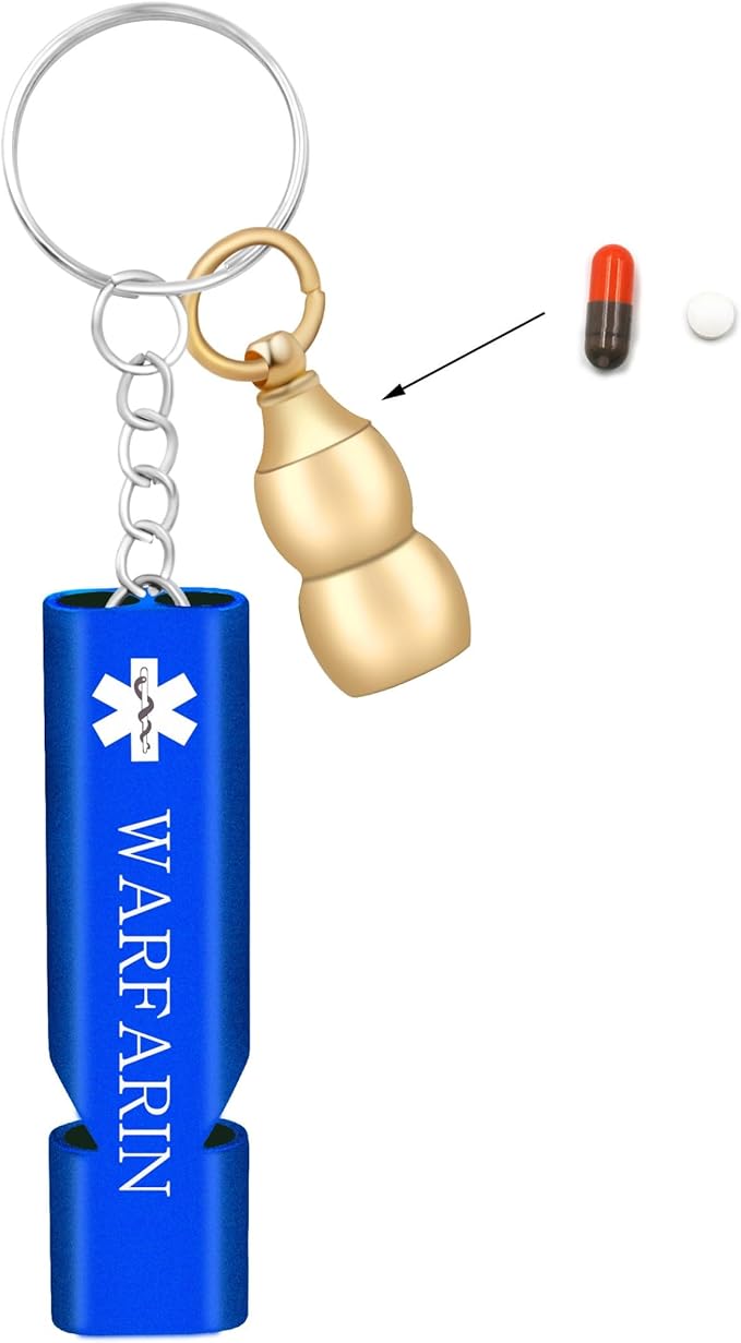 Warfarin Alert Brass Gourd Pill Organizer Keychain with Blue Emergency Whistle – Waterproof Engraved Medical Pill Storage Case for Outdoor, Fitness, and Travel Use