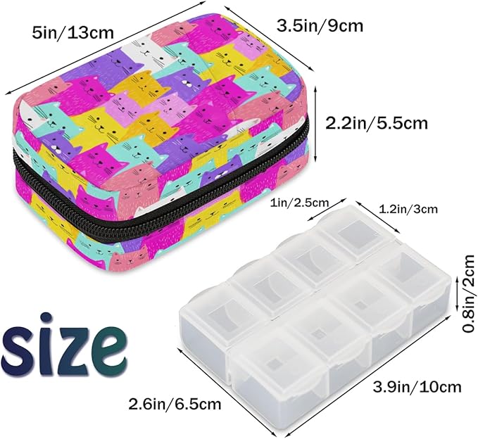 Weekly Travel Pill Organizer Case for Purse with Removable 7 Day Box Portable Compact Size Pill Box Fashionable Pill Container for Medicine Vitamin Supplement Colorful Cute Cat
