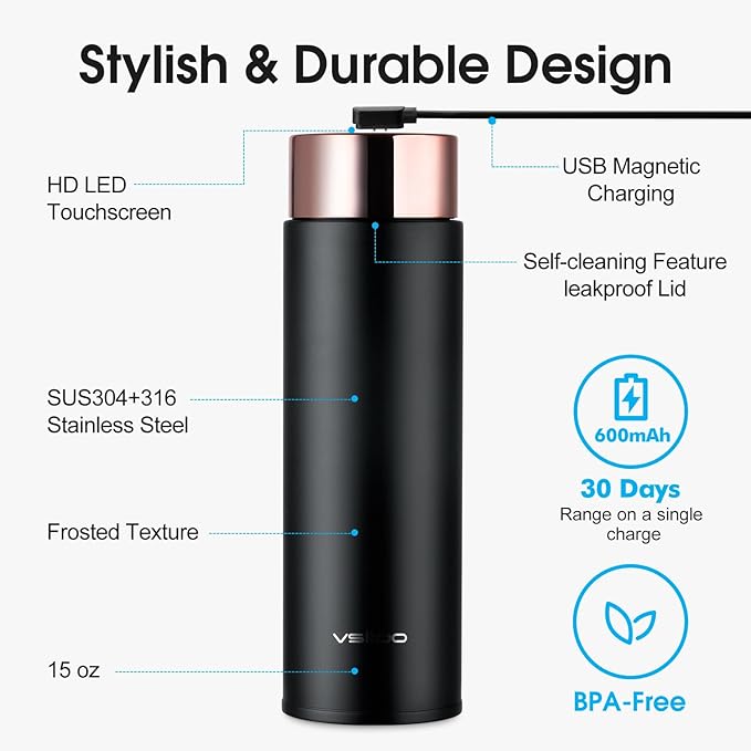 Vsitoo Smart self cleaning Insulated Water Bottle, 15oz Stainless Steel Vacuum Flask, AI Self-Clean, 30-Day Battery Life, BPA-Free, Magnetic Charging, Portable Travel Mug Gifts for Men Women, Black