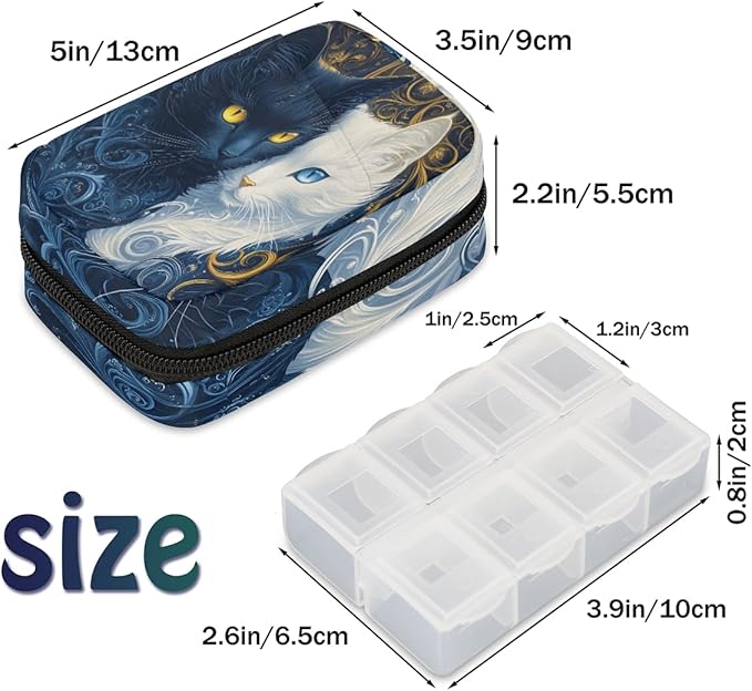 Weekly Travel Pill Organizer Case for Purse with Removable 7 Day Box Portable Compact Size Pill Box Fashionable Pill Container for Medicine Vitamin Supplement Blue White Cat