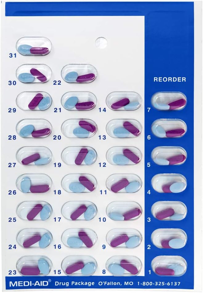 Color Coded Monthly 31 Day Medication Blister Cold Seal Cards - Daily AM/PM 3X 4X 5X a Day Pill Organizer (5 Pack - Orange Green Yellow Blue Red)