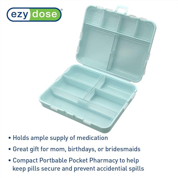 Ezy Dose Foldable Pill Case, Medicine Planner, Vitamin Organizer Box, Convenient and Easy to Use, 11 Individual Compartments with Various Sizes, Travel Friendly, Compact Pocket Pharmacy Style, Blue