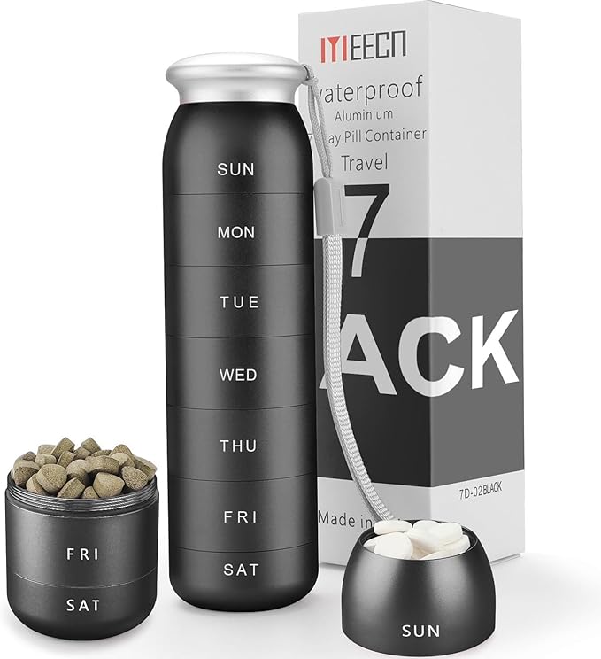 Weekly Pill Organizer, Portable Travel 7 Day, Waterproof Container, Large, Aluminum, Metal, Hold Vitamins, Cod Liver Oil, Supplements and Medications (Black)