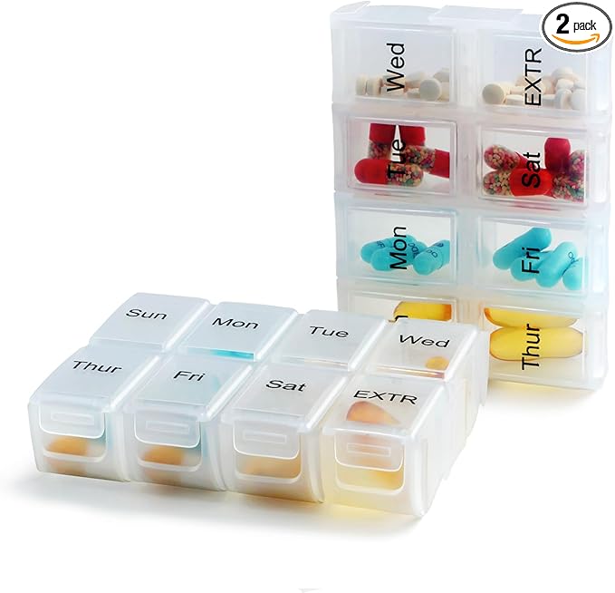 2 Packs Weekly Travel Pill Organizer Case for Purse with Removable 7 Day Box, Fashionable Pill Container for Medicine, Vitamin, Supplement