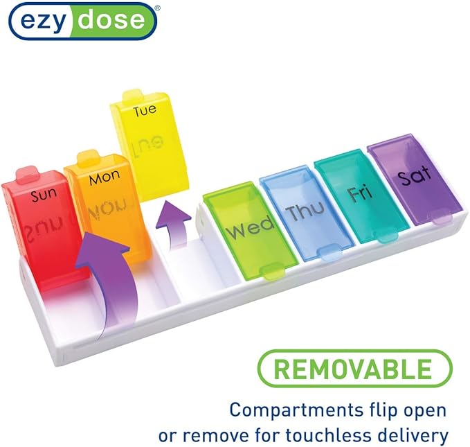 Ezy Dose Weekly (7-Day) Pill Case, Medicine Planner, Vitamin Organizer Box, Convenient and Easy to Use, Detachable Compartments, Travel Friendly, Rainbow Colors, BPA Free