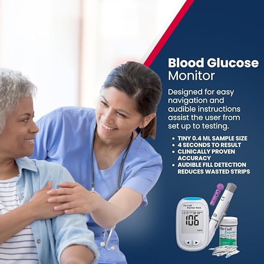 Blood Glucose Monitor Meter by On-Call Express Voice, Bilingual (English/Spanish) Guidance, 300 Test Storage, Large Display, Accurate Diabetic Blood Sugar Results in Seconds, Travel Case
