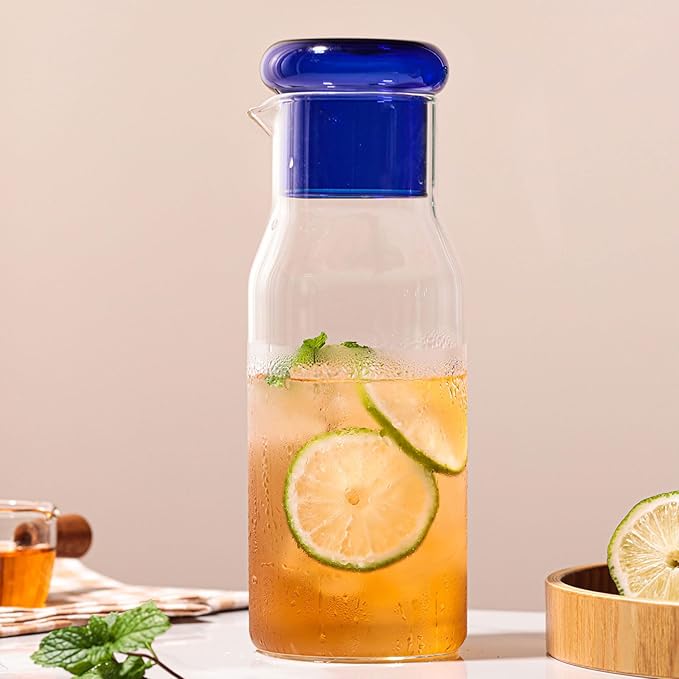 hjn Glass Pitcher with glass cup Water Carafe with Lid, Fridge Water Jug Cold or Hot Beverages, Iced Tea, Milk, Juice 830ml/28oz & clear cup lid (Glass Pitcher-Cricket Blue cup lid)