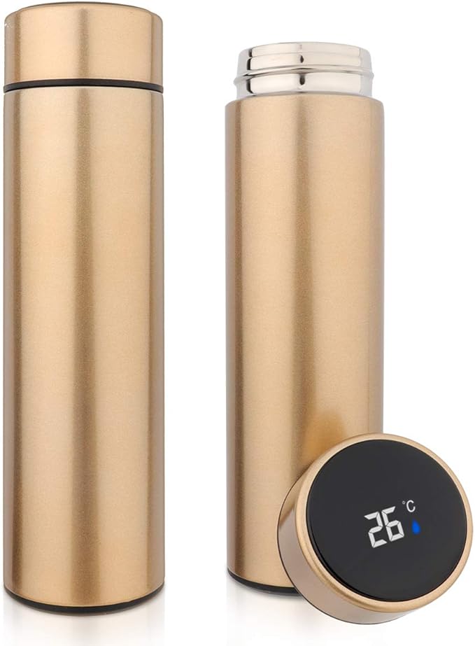 QiCheng&LYS Coffee Cup,Tea Infuser Bottle,Smart Sports Water Bottle with LED Temperature Display,17 OZ Vacuum-Insulated Stainless-Steel Water Bottle (Gold)