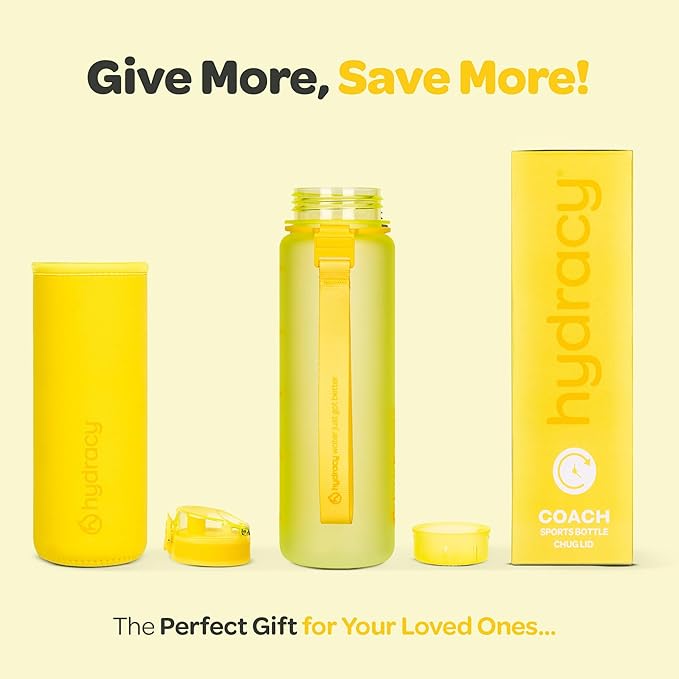 Hydracy Water Bottle with Time Marker -Large BPA Free Water Bottle & No Sweat Sleeve -Leak Proof Gym Bottle with Fruit Infuser Strainer & Times to Drink -Ideal for Fitness Sports & Outdoors