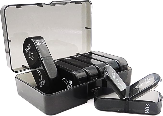 Small Pill Case, Cute Medicine Box, Travel Daily Pill Organizer Planner, 7-Day 14 Tray Portable Vitamin Container Dispenser for Purse Pocket, Capsule Holder for Fish Oils, Supplements, Black