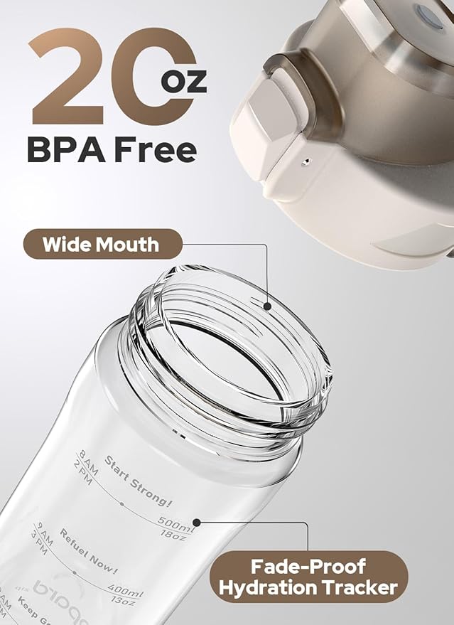 Opard 20oz Plastic Water Bottle Dishwasher Safe, Leakproof Flip-Top Lid, BPA Free Tritan, Wide Mouth Reusable Kids Water Bottle for School Hiking Commuting Outdoor Travel and Gym(Clear Cream)