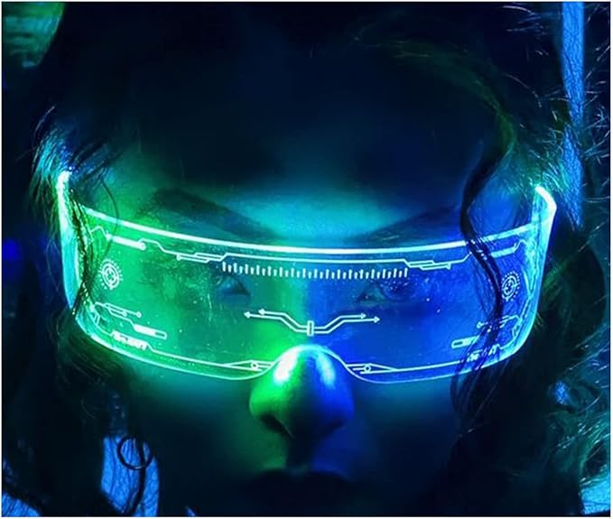 Fency Cyberpunk Glasses, USB Rechargeable LED Glasses whit Bilaterally Controllable, 7 Colors Changing Flashing