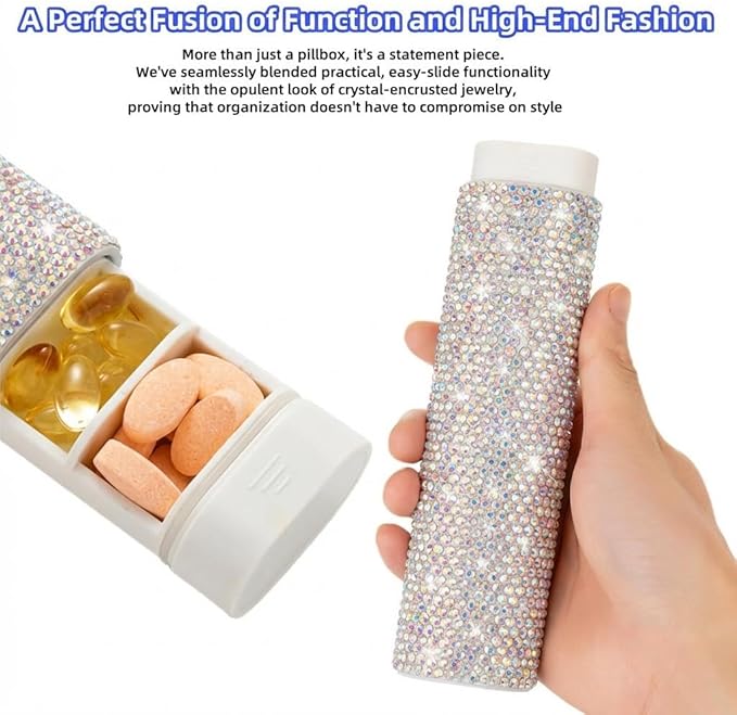 Pill Case for Purse Bling 7-Day Pill Organizer Weekly Compact Medicine Containers Travel Medication Box Holder for Traveling Women(Colorful)