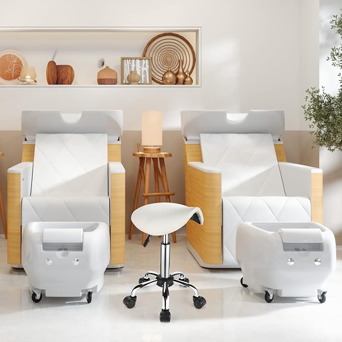 Saddle Rolling Stool with Wheels PU Leather Height Adjustable Swivel Stools Chair White