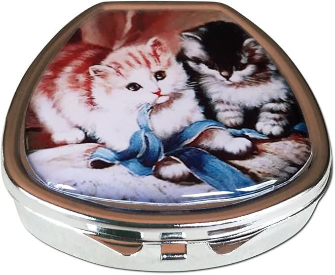 Kitten Design Round Silver Pill Box – 1-Section Pocket or Purse Travel Case for Pills Vitamins Supplements – Compact 2-Inch Diameter with Secure Latch