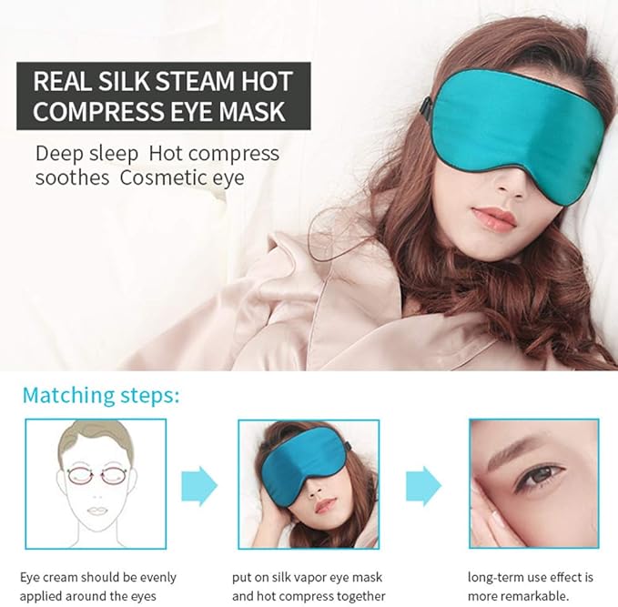 Real Silk Heated Eye Mask, Reusable USB Electric Soft Sleeping Mask with Temperature and Time Control, Comfortable Heating Steam Blindfold for Eyes Relax - Peacock Blue