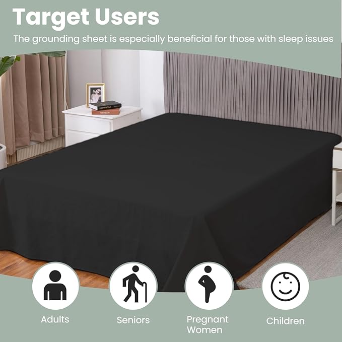 GLUYOHEY Grounding Flat Sheet Full Size (81"x96") Conductive Silver Fiber Earthing Bed Sheets with Grounded Cord Reconnect with Earth’s Energy for Better Sleep and Enhanced Wellness, Black