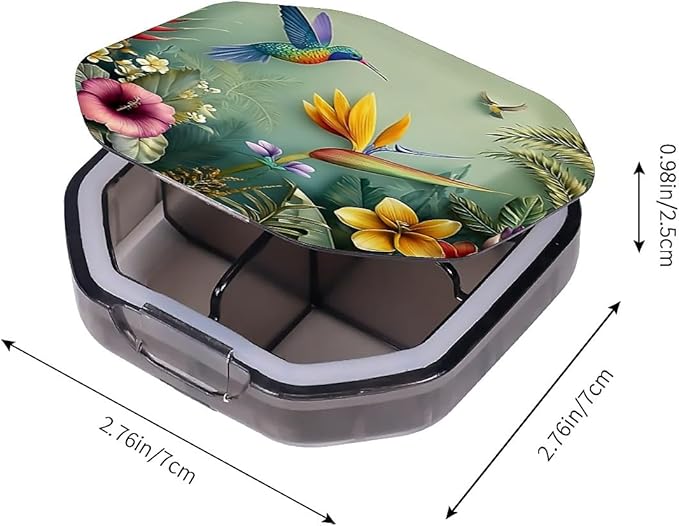 This Portable Hummingbird Tropical Flower Pattern 4 Compartment Pill Box Can Be Placed in A Pocket Or Wallet to Store Vitamins, Medicines Health Supplements Other Medications.