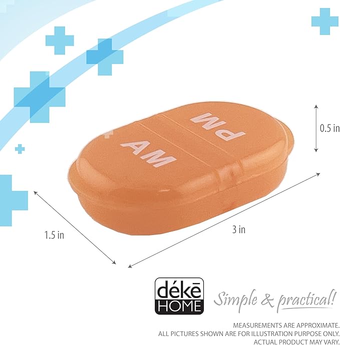 Deke Home - Pill Organizer AM PM, 2 Compartment Pill Box for Pocket or Purse, Small Daily Medicine Case, Travel Pill Holder, Easy Open Pill Container for Seniors, Vitamins & Supplements (Orang)
