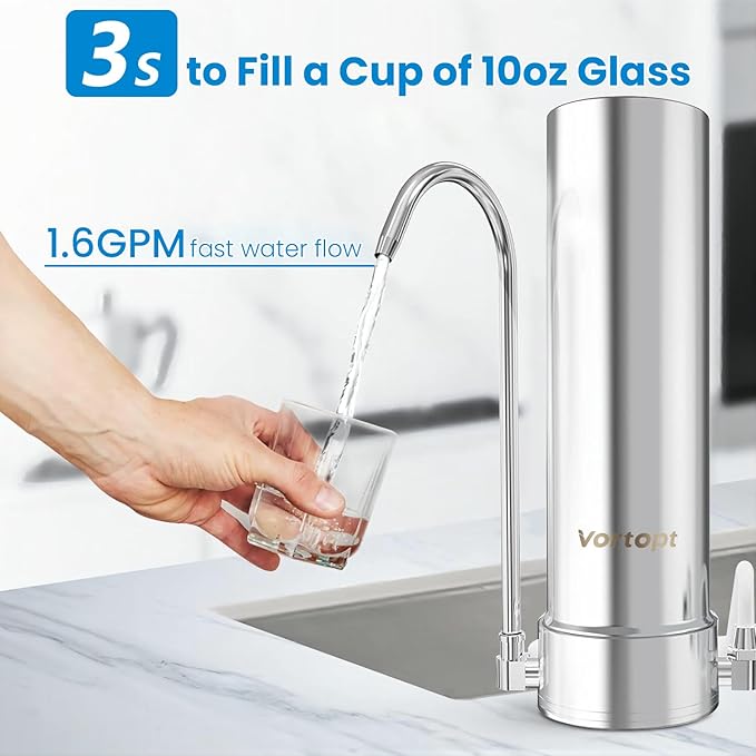 Vortopt F7 Countertop Water Filter System,Rapid Flow,6-8Months or 8000 Gallons Long-Life,5-Stage Filtration- Reduces Chlorine,Heavy Metals,Bad Odors,add Mineral Material-Includes 1 Filter.