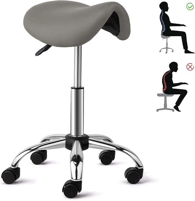 OmySalon Saddle Stool Rolling Chair, Ergonomic Saddle Chair with Swivel Wheels, Adjustable Hydraulic Stylist Cutting Stool for Salon Tattoo Massage Office Medical, Grey
