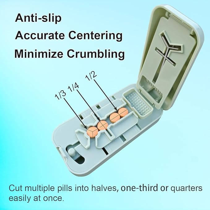 Pill Cutter for Cutting Multiple Pills, Pill Cutter for Large, Small and Tiny Pills 1/2 1/3 1/4, with Centering Device, Crusher, Brush and Storage Box