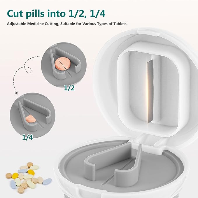 4 in 1 Pill Cutter Splitter, Pill Cutter for Small or Large Pills, Travel Pill Organizer with Crusher Grinder Fine Powder, Stainless Steel Blade, Removable Drinking Cup (White)