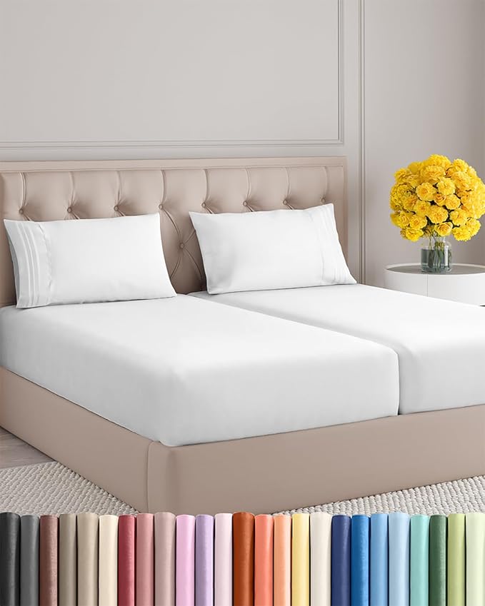 Split King Size 5 Piece Sheet Set - Extra Soft, Breathable & Cooling Sheets - Hotel Luxury Bed Sheets for Women & Men - Deep Pockets, Easy-Fit & Wrinkle-Free Sheets - Bright White Oeko-Tex Bed Sheets
