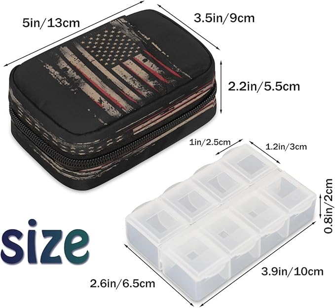 Abstract USA Flag Stripes Travel Pill Organizer Box Weekly Portable Pill Case Daily Pills 7 Day Small Birth Control Pills Container Removable Compartments for Medicine Vitamins Fish Oil