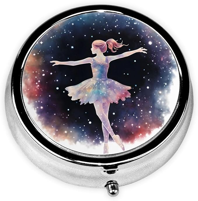 Watercolor Ballet Dancer Space Pill Box 3 Compartment Pill Case, Portable Medicine Pill Organizer for Pocket Purse Pill Box Decorative Metal Medicine Vitamin Organizer