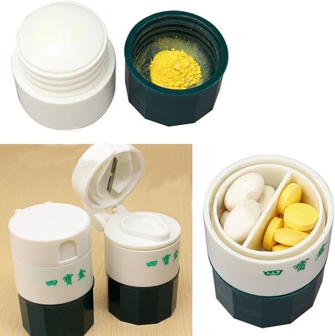 Pill Box, Premium Practical Pill Tablet Medicine Cutter Grinder Crusher Storage Organizer Box Case - White + Army Green