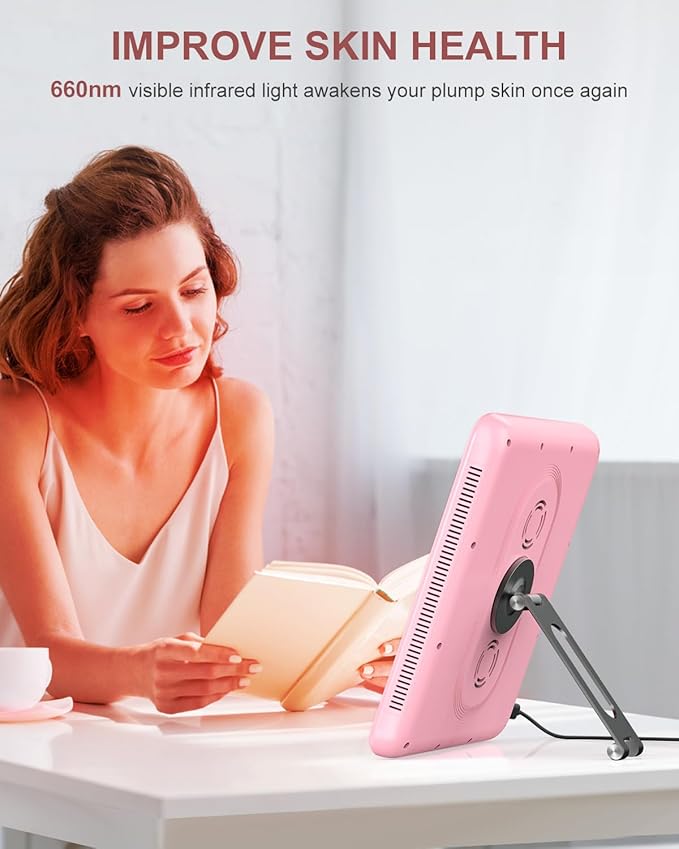 Red Light Therapy Panel, 225 Dual-Chip LEDs with 660nm Red & 850nm Near Infrared Light for Face, Skin, Sleep, Body Health, Portable Therapy Panel with Stand & Timer,Pink