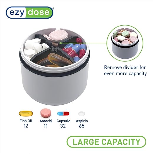 EZY DOSE Mini Vitamin Organizer, Multi Compartments, Portable and Compact Design, Easy Access Sliding Pill Dispenser, Supplement Organizer with Anti-Mix Design, Travel-Sized, White and Black, Medium
