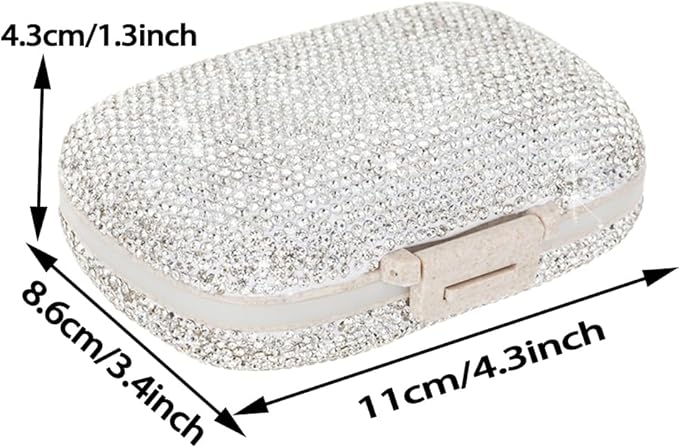 Daily 6 Compartments Pill Box Container Bling Diamond for Purse Medicine Container Holder for Women Travel Kit Medicine (White)