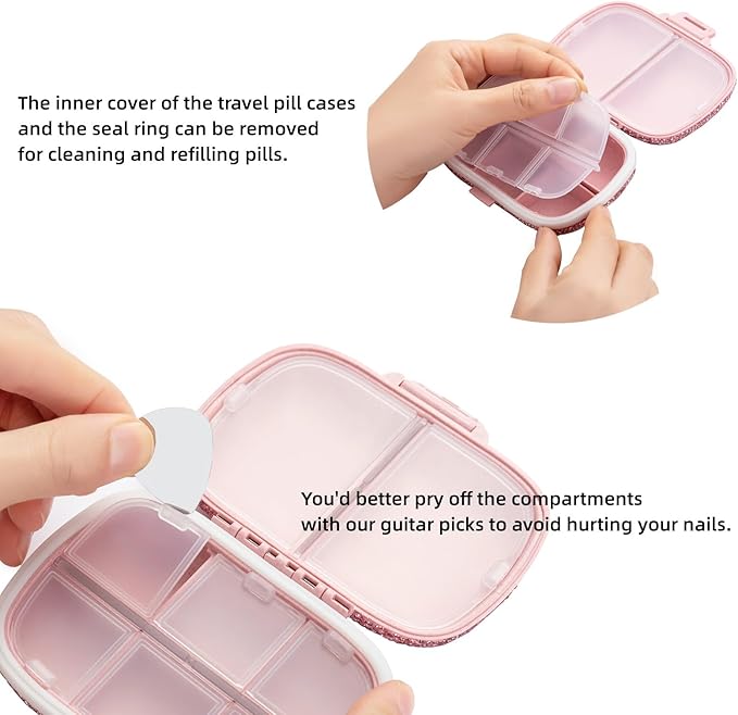 Pill Organizer with Labels Bling Pocket Pill Case with Stickers Travel Medicine Kit Holder Small Purse Pill Box Container Portable Mini Medication Storage (Pink & 300 Labels)