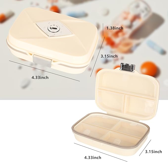 Weekly Pill Organizer, 7 Compartment Travel Pill Case with Rotatable Dose Recorder, Daily Waterproof Airtight Medicine Box for Vitamins & Supplements, Black Small, Cream White Large