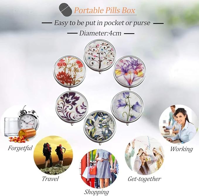6Pcs Elegant Pill Box Case, CREATIEE-PRO Portable Medicine Tablet Vitamin Holder Organizer with 3 Component for Purse Pocket Travel - Practical & Fashionable(6 Patterns, 1.6Inches)