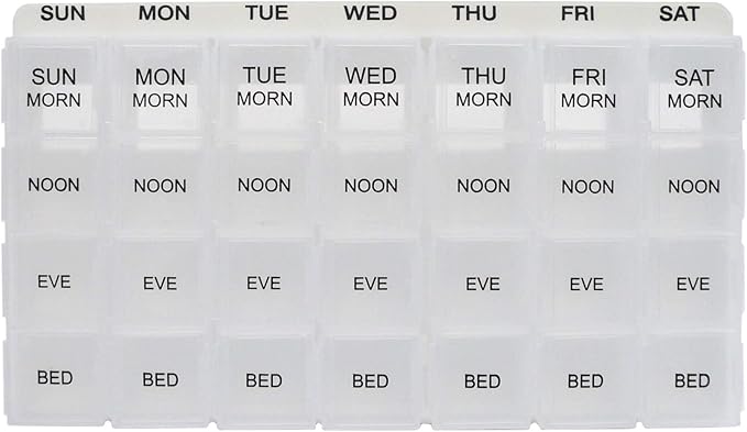 ProMed Weekly 4 Times Daily 7 Day Pill Organizer for Medication, Vitamins & Supplements | Ergonomic Pill Case with Removable Clear Compartments | BPA-Free & Medical-Grade Plastic